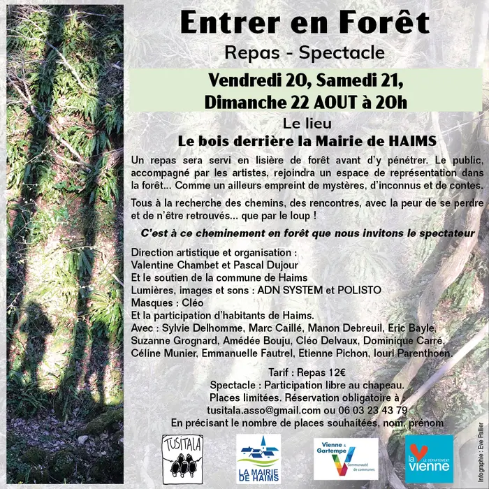 Affiche du Dîner-Spectacle "Entrer en forêt" à Haims (86) les 20, 21 et 22 août 2021.